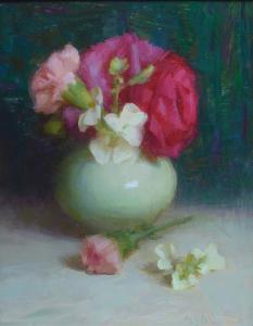 Red Camilla and Pink Carnations by Susan Lyon